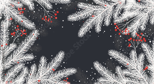 Festive Christmas or winter background with a frame of snow-covered white pine branches and red berries on a dark grey backdrop.