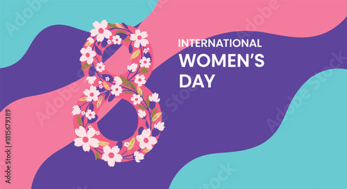 Modern and vibrant International Women's Day banner with a floral number eight on a colorful abstract wavy background design.