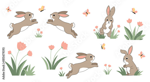 A charming set of cute cartoon spring bunnies in various poses, including jumping and sitting among pink flowers and butterflies.