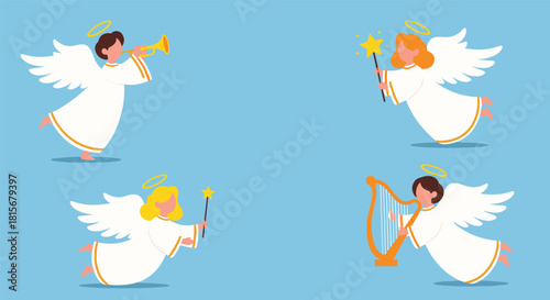 A beautiful illustration of four cute Christmas angels with halos and wings, playing instruments and wands, on a blue background.