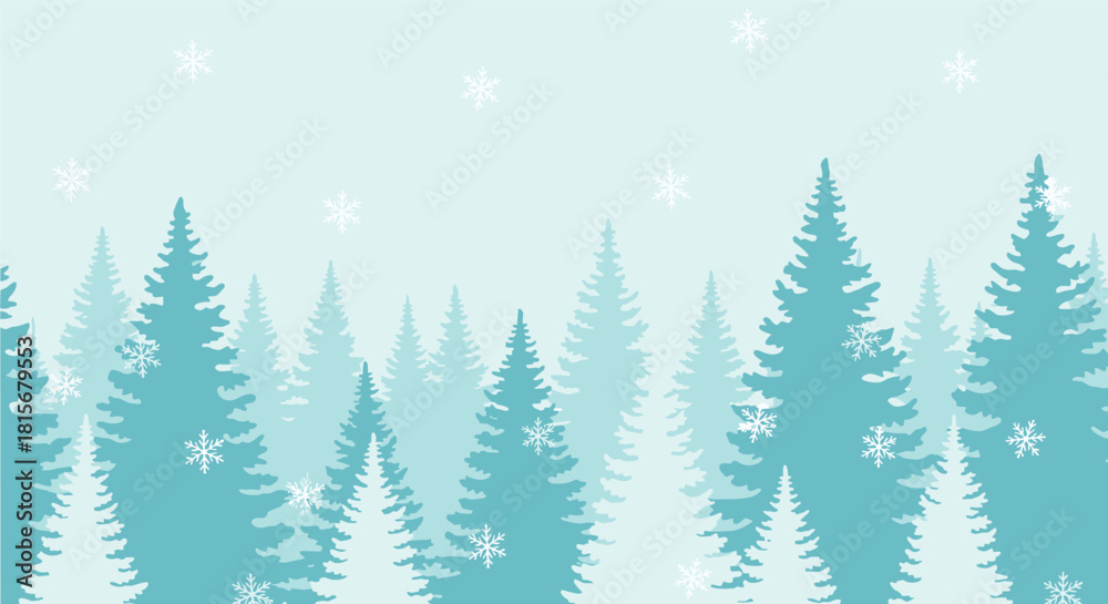 Fototapeta premium A serene and frosty winter background with silhouettes of a pine forest in various shades of blue and falling white snowflakes.