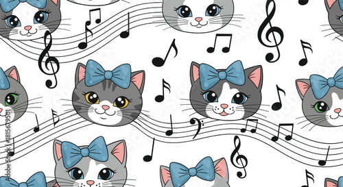 Adorable seamless pattern with cute cartoon cat faces wearing blue bows, floating among musical notes on a staff background.