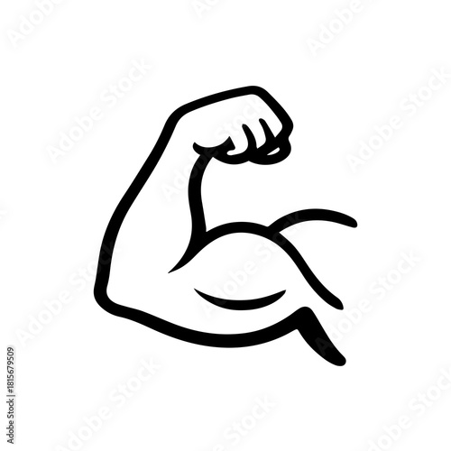 A bold black-and-white line illustration of a flexed muscular arm, symbolizing strength, fitness, power, and athletic energy. Ideal for gym branding, workout icons, bodybuilding graphics, motivation.