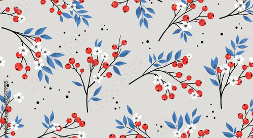 Elegant seamless floral pattern of branches with red berries, small white flowers, and blue leaves on a light grey background.