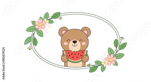 Adorable illustration of a happy cartoon brown bear eating a slice of watermelon, framed by an oval border of leaves and flowers.