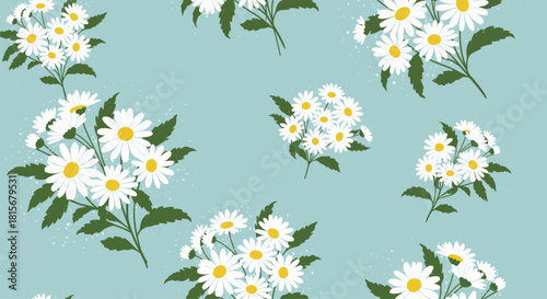 Fresh and cheerful seamless pattern of beautiful white daisy bouquets with green leaves scattered across a soft light blue background.