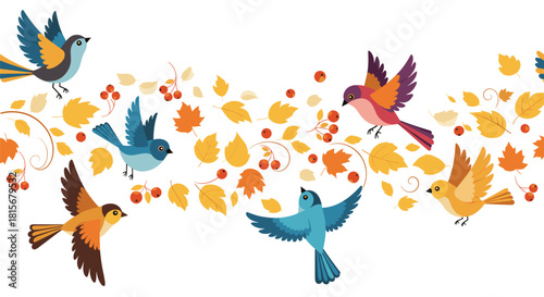 A lively seamless border or pattern of colorful birds flying amongst swirling autumn leaves and red berries on a white background.