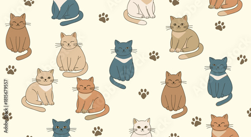 Adorable seamless pattern of cute cartoon cats in various muted colors sitting happily, with scattered paw prints on a beige background.
