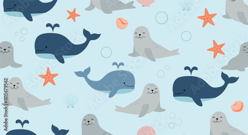 Adorable seamless underwater pattern with cute cartoon whales, seals, starfish, and seashells on a light blue bubbly background.