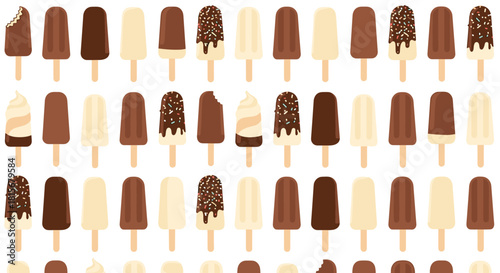 A delicious seamless pattern of various chocolate and vanilla ice cream bars and popsicles, some with sprinkles, on a white background.