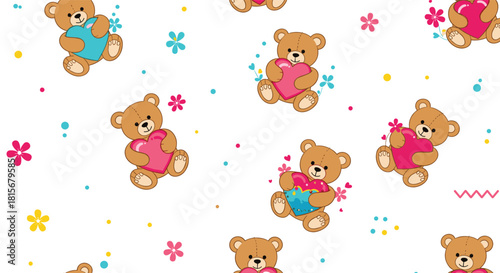A cheerful and colorful seamless pattern for children with cute teddy bears holding pink and blue hearts among flowers and dots.