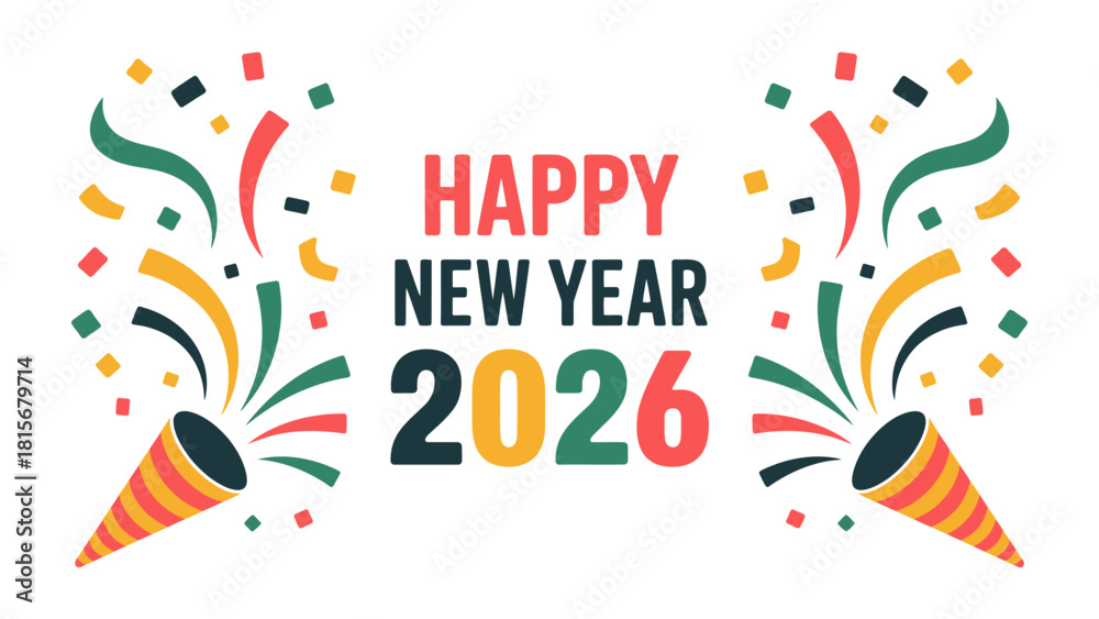 Fototapeta premium Festive Countdown: Colorful confetti bursts from party poppers, heralding the arrival of a New Year, vibrant graphic, a symbol of hope and celebration.