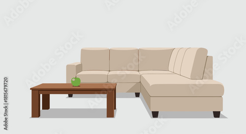 Inviting beige sectional sofa with a vibrant green apple on a coffee table creates a cozy, modern interior perfect for lifestyle designs