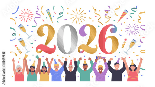 New Year Celebration 2026: A vibrant and colorful illustration of the year 2026 with a diverse group of people celebrating. Capturing the excitement and joy of the upcoming year.