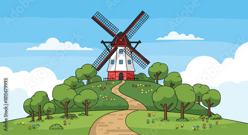 Whimsical windmill landscape illustration perfect for children's books or educational materials with a charming, storybook feel and bright colors