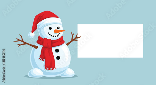 Festive snowman character holding blank sign for your holiday message this winter season, ready for seasonal greetings and joyful promotions