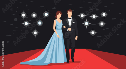Elegant couple walking red carpet in formal attire, perfect for event promotion or luxury lifestyle branding with a touch of modern sophistication