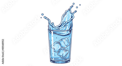 Refreshing water with ice cubes splashing in the glass to quench your thirst on a hot day, perfect for health and wellness ads