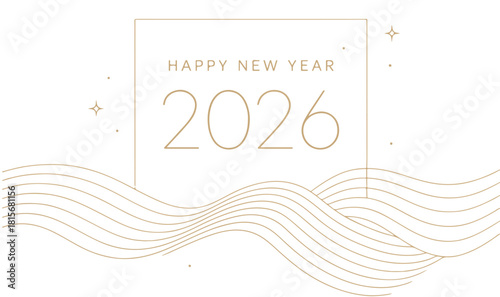 Luxury Minimalist Happy New Year 2026 Greeting Banner with Golden Wave Lines and Sparkles