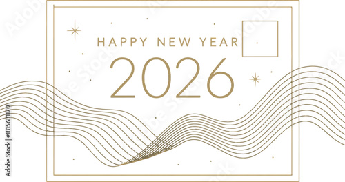 Happy New Year 2026 Minimalist Luxury Gold Greeting Card Banner Design with Abstract Waves and Stars