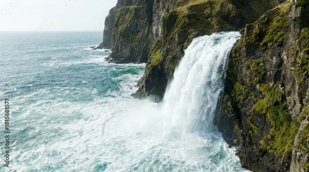 Fototapeta premium Dramatic Waterfall Plunging into the Ocean from a Rugged Cliff Face.
