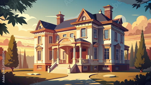 Softly faded historic mansion exterior with muted tones, warm sunlight brushing aged walls, capturing timeless vintage architecture in a serene atmosphere