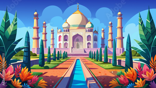 Taj Mahal framed by lush gardens and a clear blue sky, showcasing the elegant symmetry and detailed carvings of the iconic structure