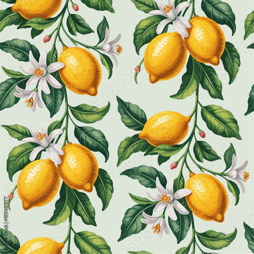 Seamless vector pattern of lemon branches with ripe lemons and white flowers, hand-painted botanical style, rich foliage, soft shadows, perfect for textiles and packaging design