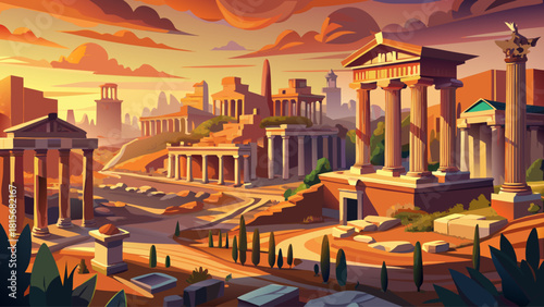 Ultra-realistic illustration of the Roman Forum at sunrise, ancient ruins glowing in warm golden light