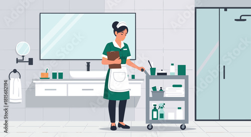 Hotel housekeeper pushing cleaning cart in a stylish modern bathroom ready to service guests and ensure a spotless, comfortable stay, vector