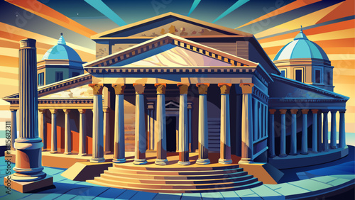 Hyper-detailed illustration of the Pantheon in Rome with dramatic shadows and photorealistic stone texture