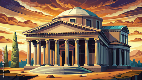 Hyper-detailed illustration of the Pantheon in Rome with dramatic shadows and photorealistic stone texture