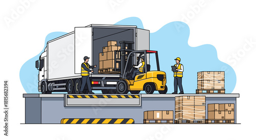Efficient logistics operation with forklift unloading truck at warehouse dock, perfect for supply chain and shipping themes, conveying organized transport
