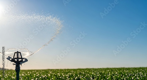 Irrigation system watering a lush green field on a sunny day, promoting sustainable agriculture and efficient water use for healthy crop growth