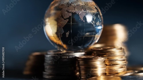 Glass globe on stacked coins financial investment and global economy