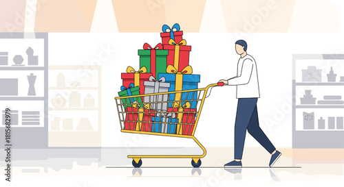 Holiday shopping spree illustration with man pushing full cart of colorful gifts in store aisle, perfect for holiday marketing and festive promotions