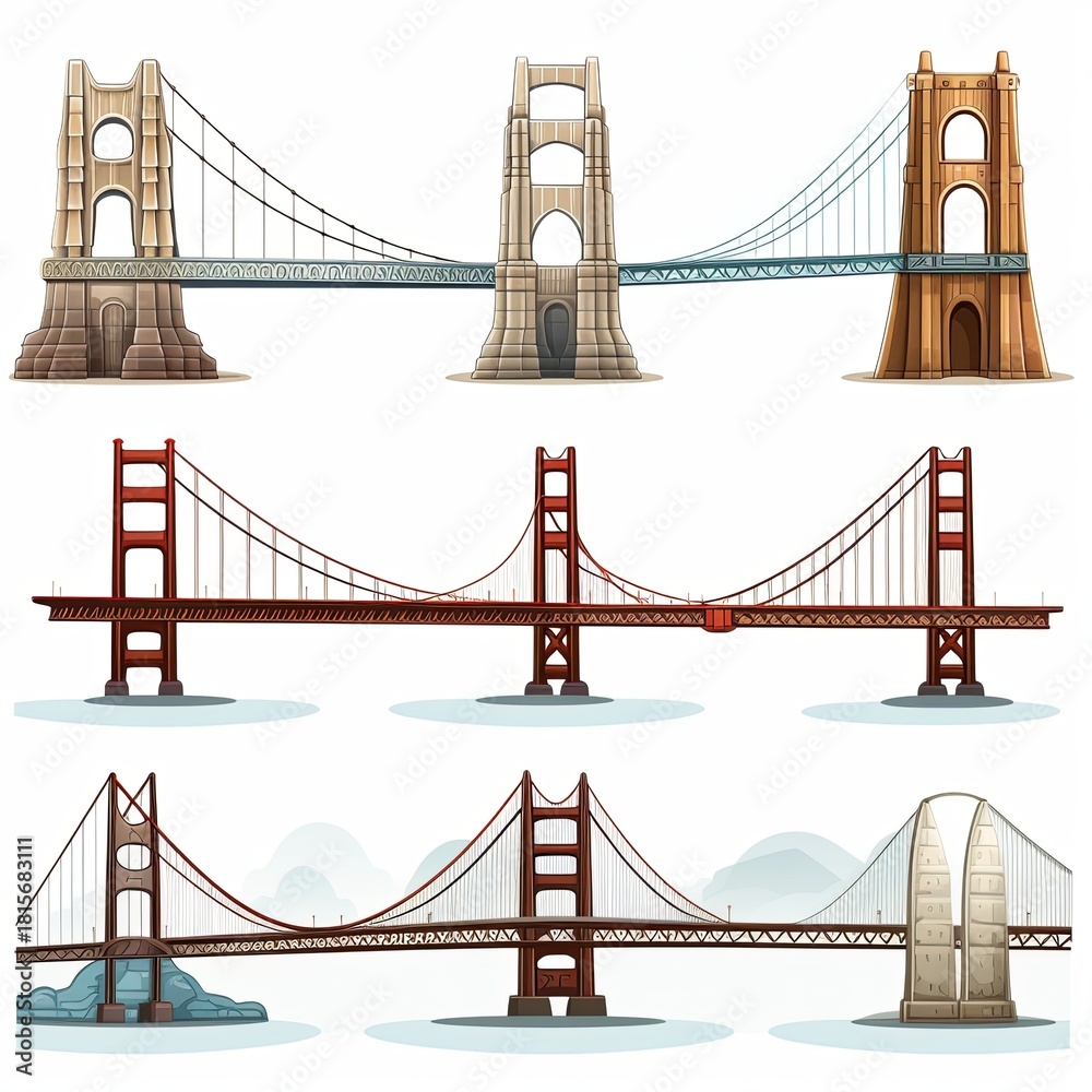 Fototapeta premium Architectural Marvels A Diverse Collection of Suspension Bridge Illustrations, Landmarks
