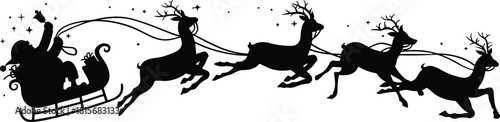 Santa sleigh silhouette vector, flying reindeer icons, black flavector shapes, Christmas magic scene, festive delivery theme, holiday graphic, white background, winter celebration design