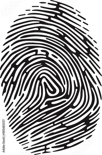 Fingerprint silhouette vector, biometric identification icon, black flavector pattern, forensic science symbol, whorl ridge detail, personal security graphic, white background, unique identity design