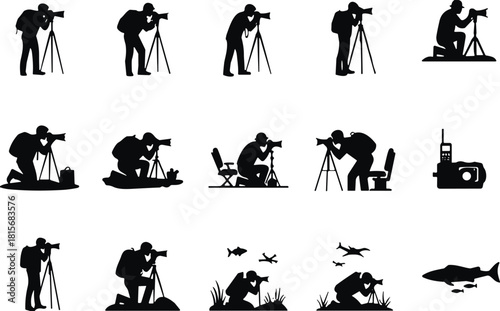 Photographer silhouette vector set, camera tripod poses, black flavector icons, nature shooting styles, wildlife capture, outdoor gear, creative fieldwork, white background, visual storytelling