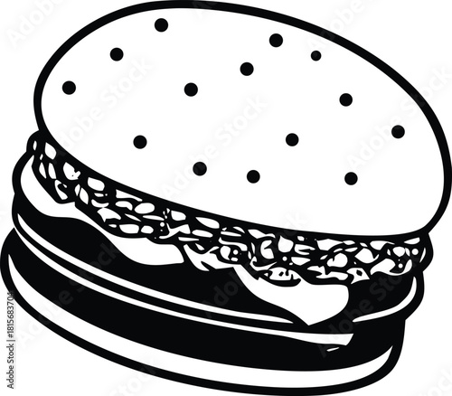 Line art drawing of a classic hamburger with sesame seed bun and toppings