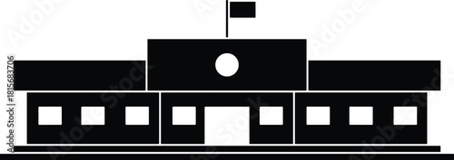 School building silhouette vector, educational institution icon, black structure, flavector, symmetrical design, flagpole detail, classroom symbol, learning center, white background, academic graphic