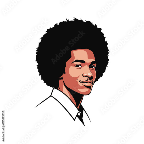 Illustration of a smiling young Black man with an afro hairstyle, wearing a white collared shirt, against a white background.