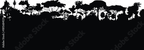 Forest silhouette vector set, tropical jungle, tree shapes, black icons, flavector, nature design, biodiversity theme, canopy graphic, wild landscape, foliage art, white background