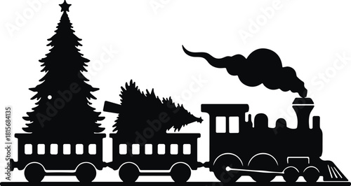 Christmas train silhouette vector, holiday transport, festive locomotive, black icon, tree cargo, flavector, seasonal design, winter celebration, decoration graphic, joyful journey, white background
