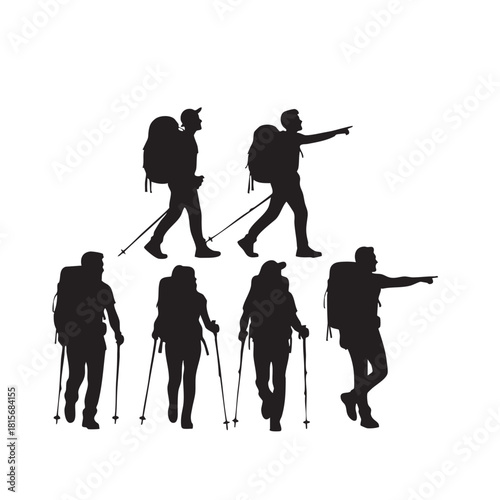 Group Trekkers Hiking Adventure Backpacking Explores Outdoors People Walking Poles Direction Finding Nature Expedition