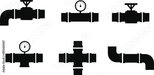 Plumbing pipe silhouette set, valve icons, pressure gauge, joint fittings, black vector, industrial piping, flavector, water system, technical design, plumbing components, utility graphic