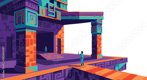 An artistic illustration showcases a vibrant, geometric architectural design with a figure approaching a bright opening, evoking a sense of exploration.