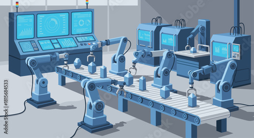 Automated robotic arms precisely assembling products on a conveyor belt in a modern factory for efficient and innovative manufacturing solutions