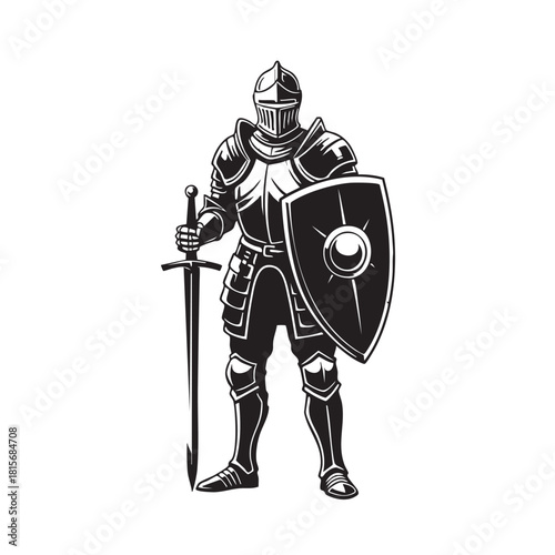 Full body silhouette of a medieval knight in shining armor, holding a large sword and shield. Heroic figure embodying strength and protection.